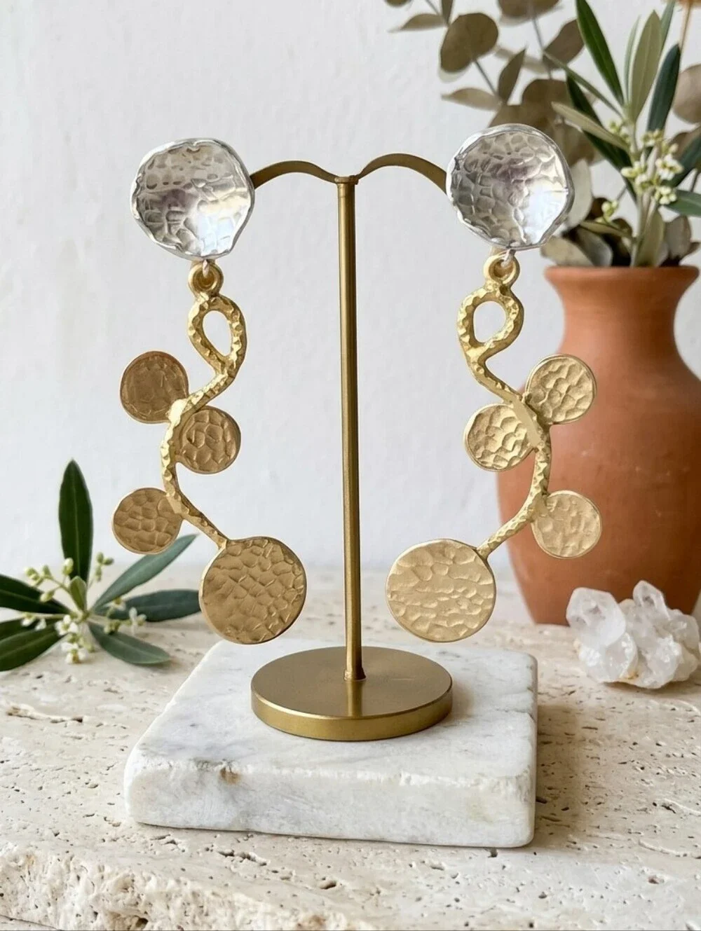 18K Gold Plated Brass Turkish Two Tone Hammered Vine Drop Earrings 3